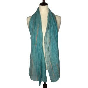 Neeru Kumar PAVO SF Scarf Teal Artisan Silk Cotton 72" Kantha Embroidered Wrap